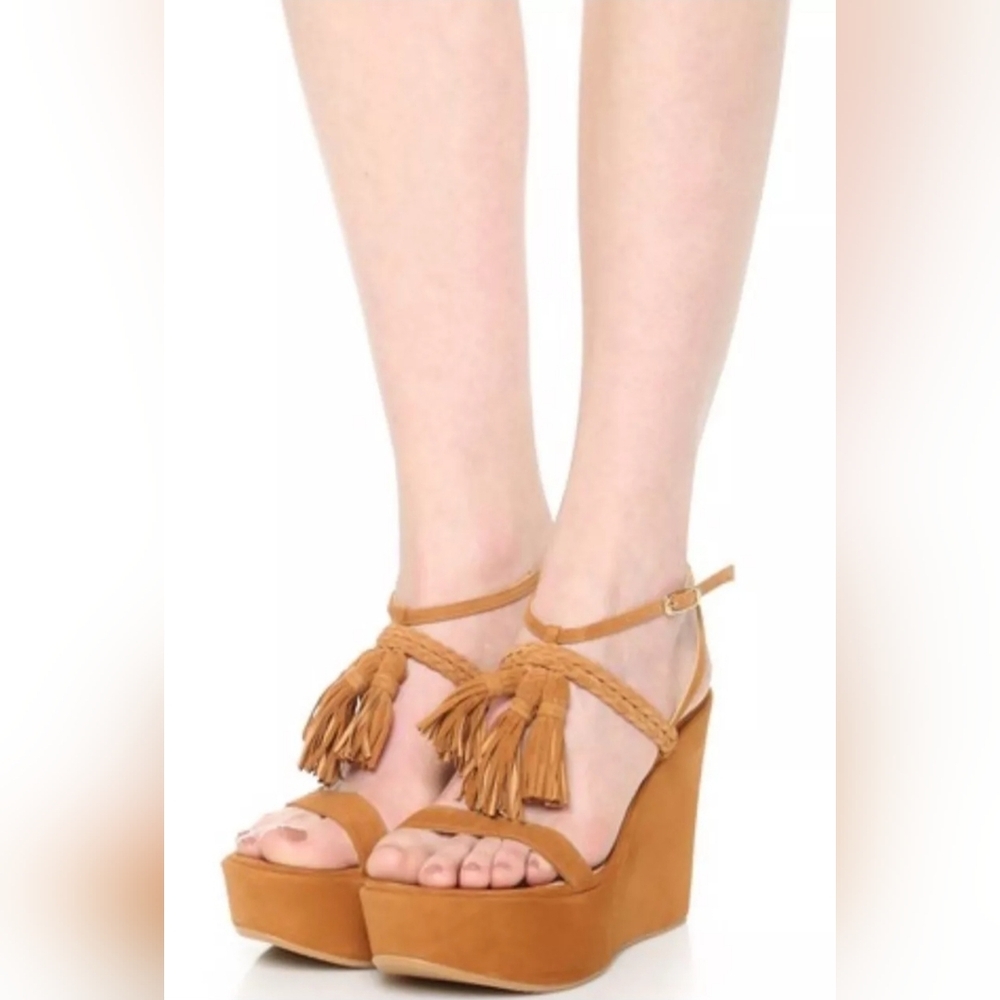 Stuart Weitzman Tan Suede Wedge Sandals with Ankle Strap